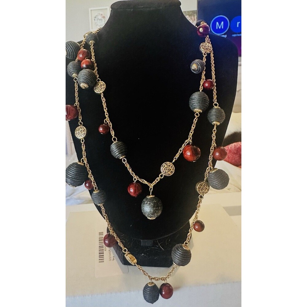 Premier Designs Long Boho Beaded Necklace Black Burgundy Gold Tone 40” Signed
